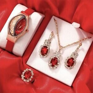 5pc Jewelry Set Oval Rhinestone Quartz Watch Red Face & Necklace Earrings Ring3